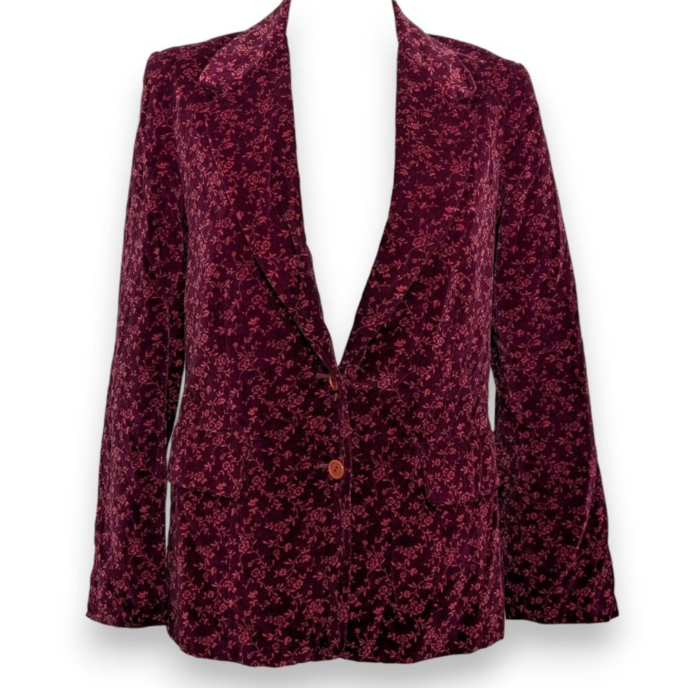 VTG Maroon Velvet Foliage and Floral All Over Print Button Front Blazer Jacket